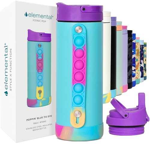 Elemental Iconic Pop Kids Water Bottles with Pop Strap - Triple Wall Leakproof Insulated Stainless Steel Water Bottle - Dishwasher Safe and BPA Free Water Bottle with Straw - Blue Tie Dye - 414 ml