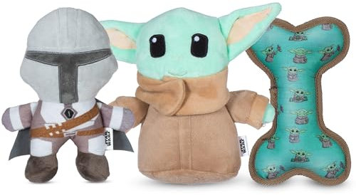 Star Wars for Pets The Mandalorian 3-teiliges Geschenkset für Hunde, enthält 22,9 cm Mandalorian-Plüsch, 22,9 cm Grogu-Plüsch und Oxford-Knochenform-Spielzeug mit Grogu-Druck, quietschendes