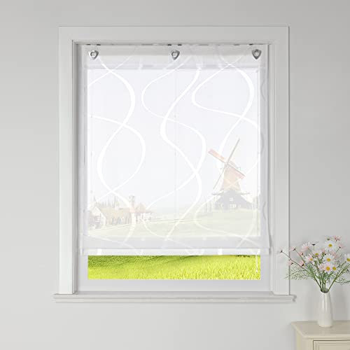 CORLIF Raffrollo Ausbrenner Gardinen Küchen Raffgardinen Landhaus Transparente Ösenrollo mit Wellenmuster Kurzvorhang Modern Rollos mit Ösen Weiß BxH 100x140 cm 1 Stück