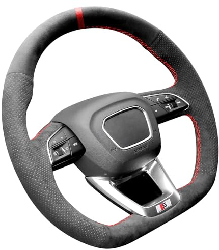 Alfanxi Handgenähte Alcantara Lenkradhülle kompatibel mit Audi Q3 Q5 SQ5 SQ5 Sportback Q7 SQ7 Q8 SQ8 mit Schaltwippen (Rot Streifen)