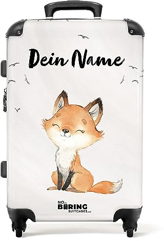 NoBoringSuitcases© Koffer personalisiert, Koffer Kinder, | 67x43x25 cm - Reisekoffer - Kinderkoffer, Koffer für Kinder, Hartschalenkoffer - Fuchs mit Vögeln - Mittelgroß mit Rollen,
