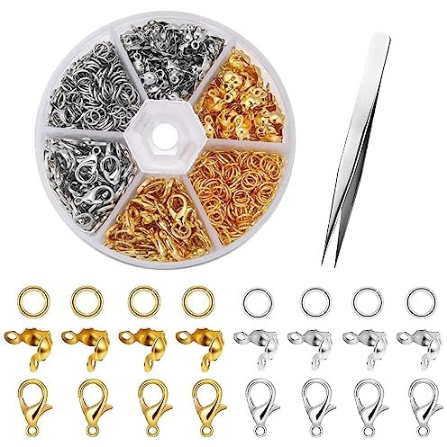 XoeLLe Kettenverschluss, 450 Stück Karabinerverschluss Biegeringe Perlenspitzen Offnen, Karabinerverschluss Verschlüsse Verschluss für DIY Armband Schmuckherstellung, Schlüsselringe