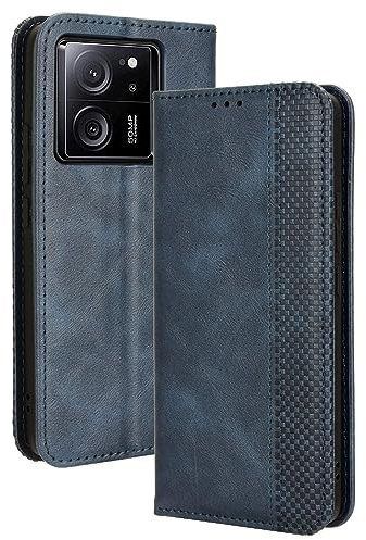Haoye Leder Hülle für Xiaomi Mi 13T, Premium PU/TPU Folio Schutzhülle Handyhülle, Flip Case Cover Klapphülle mit Standfunktion & Kartensteckplätzen, Blau