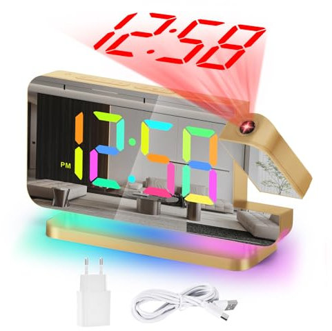 U-picks Projektionswecker,Wecker Digital,7.4 LED-Spiegeluhr mit um 180°Drehbarem Projektor,11 RGB-Farben-Digitalanzeige,10-Farben-Nachtlicht,5-Stufen Lautstärke Tischuhr Digital für Kinder,Mädchen