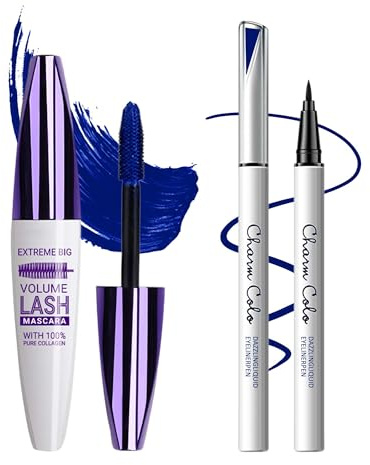 Blau 5D Bunt Wimperntusche & Flüssiger Eyeliner, Volume & Curl Mascara, Glatter Schnelltrocknender Eyeliner, Langanhaltend & Wasserfest, Hochpigmentierte Augen-Makeup Set, Geschenk für Frauentag