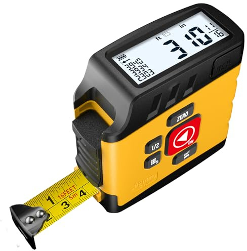 Digital Tape Measure 16 Ft - 6 Metric and Imperial Units, Easy Read Digital Measuring Tape Retractable with Fractions 1/16, Rechargeable Measurement Tool, for Distance/Area/Volume, Yellow