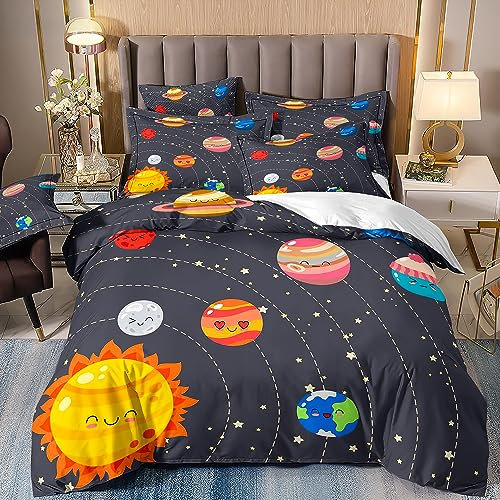 Freyamy Weltall Bettwäsche 135x200cm 2teilig Schwarz Bunt Erde Jupiter Mond Satellit Kinderbettwäsche Weltraum Jungen Kinder Bettwäsche Microfaser Bettbezug mit Reißverschluss und Kissenbezug 80x80cm