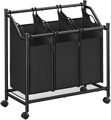 SONGMICS Cesto para Ropa Sucia con Ruedas, Carrito para Lavandería con 3 Bolsas Extraíbles, Cesta Ropa, Carro de Ropa, para Cuarto de Lavado, Dormitorio, Baño, 3 x 45 L, Negro Tinta RLS102B01