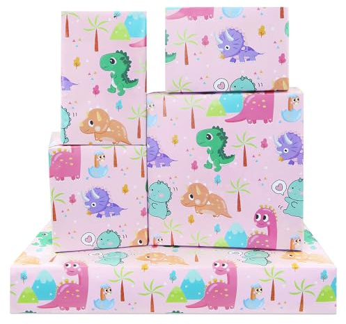 Geschenkpapier mit Dinosaurier-Motiv, 4 Bögen Rosa Baby-Dinosaurier-Design Geburtstags-Geschenkpapier für Mädchen, Kinder, Jungen, Dino-Geschenkpapier für Geburtstag, Babyparty, 50x70cm