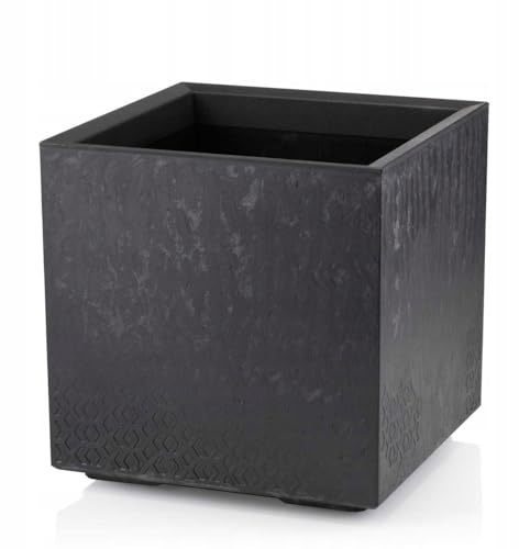 HowHomely Pot de fleurs, noir, 40 x 39 x 39 cm, grand, bac à plantes, sur roulettes, avec bouchon d'évacuation, aspect béton, pour jardin et terrasse