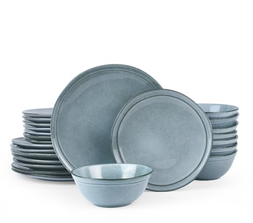 Famiware Aegean Stoneware Dinnerware Set for 8, Plates and Bowls Sets, 24 Pieces Scratch Resistant Dinner Set, Handmade Irregular Round Dishes - Microwave and Dishwasher Safe, Blue Grey