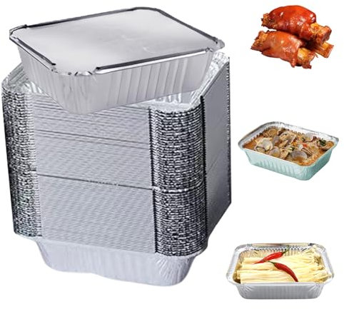 MEYAGOT Barquette Aluminium avec Couvercle, 60 Pièces Barquette Alimentaire Jetable 650ml, Plat Aluminium Jetable, Barquettes en Aluminium pour Pique-Nique, Barbecue, Four, Cuisson