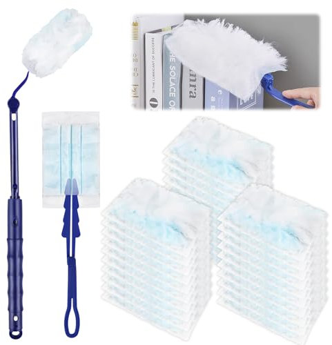 Staubmagnet Staubwedel Mikrofaser Staubwischer,20 Staubwischer Nachfüllung Tücher mit 2 Teleskopgriff, Einweg Staubwedel Starterset Aufsaugen Staub und Haar Entfernen zum Reinigen von Staub, Schmutz,