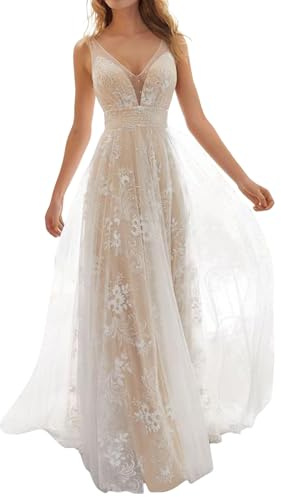 Abendkleid Damen Lang, Hochzeitskleid Damen Spitzen V-Ausschnitt- Kleider Damen Festlich Elegant Brautkleid Brautjungfernkleider Abendkleider Elegant Hochzeit Gast Ballkleid Partykleid Frauen