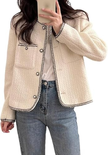 Veste en Tweed Vintage française pour Femmes Blazer en Tricot décontracté à Manches Longues Veste à col Rond à Simple Boutonnage Veste Streetwear (Blanc,XXL)