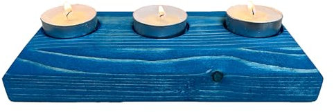 Bougeoir en bois pour 3 bougies chauffe-plat, 20,3 cm (bleu, éclairé)