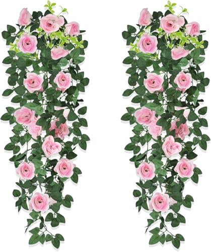 JOZMMZEOOA Rosas Artificiales Guirnalda 2 Piezas Planta Artificial Colgante 90cm Flores Secas Enredaderas Artificiales Decorativas Guirnaldas, para Jardín Fiesta Hogar Boda Decoración (Rosa)