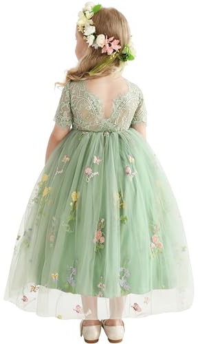 Amissz Robe de Fille Fleur avec Dos en Dentelle, Broderie Florale Tutu Enfant, Robe de Soirée et Cocktail pour Filles, Idéale pour Anniversaires et Bals 2-8 Ans
