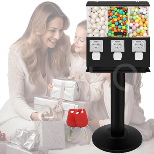 Commercial Triple Candy Vending Machine with Stand Triple Head Vending Machine Gumball Vending Machine with Removable Canisters 25 Cent / 1 EUR Coin Operated Candy Dispenser,Black-1to1.37inOutlet