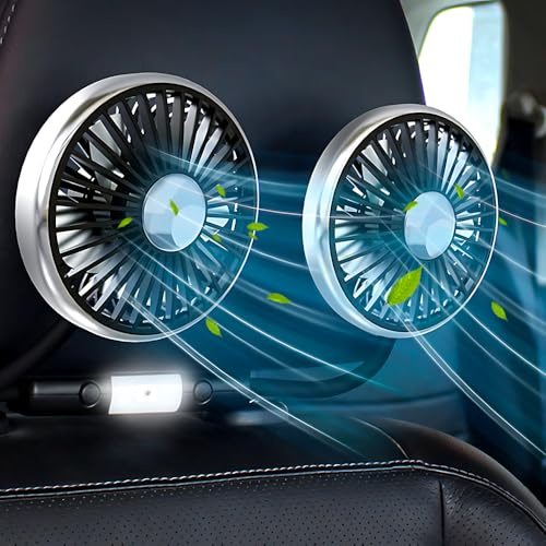 SGZIOO 12 V bilfläkt, dubbla huvuden USB bilfläkt, 360° roterande bilfläktar, kall luftkylfläkt med 3 hastigheter för baksäte för SUV husbil