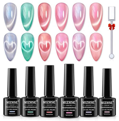 MIZHSE Cat Eye 6 st UV-nagellack, 6 färger, nagellack, hållbar glans, med magnet, UV/LED-gel, soak off cateye, rosa, blå, lila, grön, 7 ml