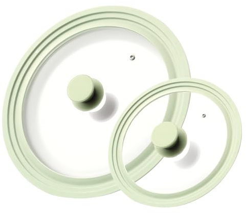 J&C LIFE Universal Lids for Pots and Pans (Set of 2) – Fits 7, 8, 9, 10, 11, 12 Inch Cookware, Tempered Glass Heat Resistant Silicone Frying Pan Lid, Green Replacement Lid for Cast Iron Skillet