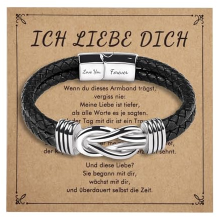 Lantine Jag älskar dig knut läderarmband män svart rostfritt stål oändlighet armband för män bröllopsdag födelsedagar presenter för män bror pappa make, Läder, Ingen ädelsten