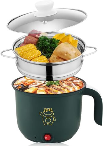 Padella elettrica, Mini Elettrico Hot Pot, 1.8 Litre Elettrico Hot Pot, Portatile Antiaderente MultiCooker, Pentola Portatile Veloce, Pentola Elettrica Per Casa Office Dorm+Piroscafo