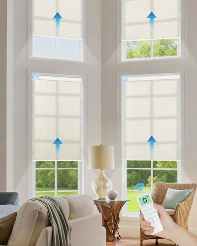 Tokblind Motorized Light Filtering Roller Shades with Remote Control, Smart Blinds for Windows Compatible with Alexa Google via Hub, Rechargeable Electric Window Shade Customized Size(Texture Beige)