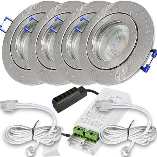 LED Decken Einbauspots 4er Set –, IP44, Feuchträume, Niederspannung 12V, 400 Lumen, Warmweiß, 5W, Rund, inkl. Netzteil & 120cm Zuleitung mit AMP Stecker. Bad, Dusche, Küche, überdachter Aussenbereich