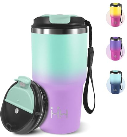 Taza de Café, 600 ml, Taza Termica, 304 Acero Inoxidable Reutilizables, Vaso Termico, Taza Termo Cafe para Llevar con Tapa, Perfecto para llevar Café y para la Oficina - Verde lago&morado claro