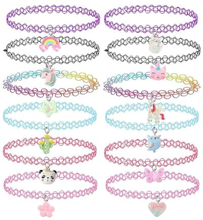 FUGLUS 12 Pièces Ensemble Mode Collier, Collier Choker de Tatouage Rétro Elastique Ras Du Cou Ensemble Multicouleur Collier Élastique Collier pour Les Dames et Les Filles