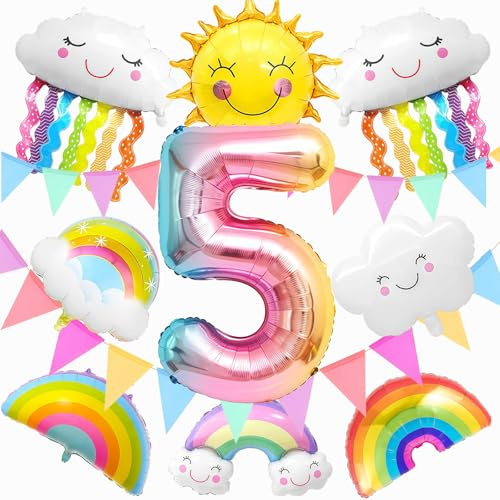 11 Stück Kindergeburtstag Regenbogen Deko Mädchen Set,5 Geburtstagsdeko Folienballon,Luftballon 5 Jahre Mädchen,Kindergeburtstag Party Dekoration,Geburtstagsparty Zubehör (5)