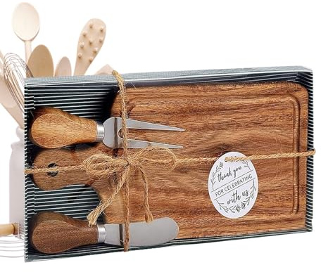 Ensemble de planche à charcuterie | Planche à découper en bois avec couverts et étiquette de remerciement carrée pour réunions de famille, fêtes d'anniversaire, cadeaux de maison