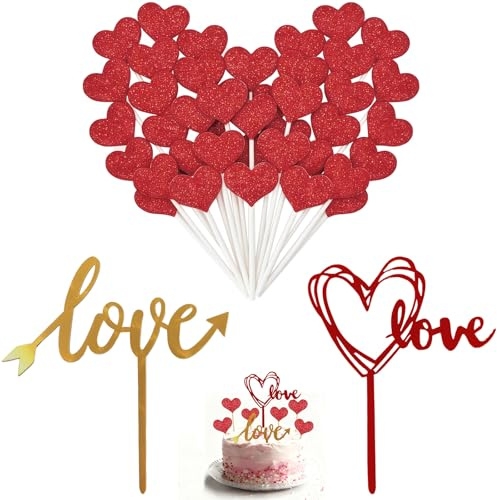 LIANRISES 52 Stück Muffin Deko Herzen Cupcake Topper, Herz Dekoration Tortendeko Valentinstag, Glitter Herz Süße Liebe, Rot für Hochzeiten, Verlobungen, Geburtstagsfeiern