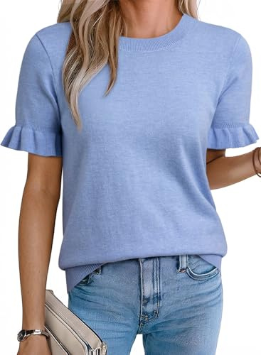 EVALESS Knit Tops for Women 2026 Trendy Crewneck Casual Blue Spring Tops Puff Sleeve Slim Fit Summer Blouses Basic T Shirts Business Outfits Large
