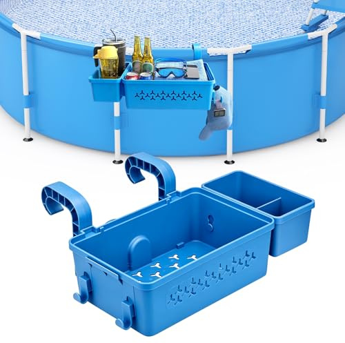 SilverChry Cesta de Almacenamiento para Piscina, Piscina Accesorios, con Portavasos y Ganchos, Adecuada para Piscinas Desmontables, Accesorio Guardar Protector Solar y Toallas (Azul A)