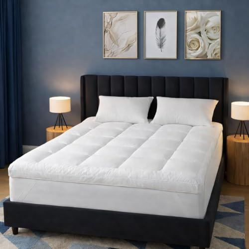 Mattress Topper Double Hotel Quality – 2 Inch Extra Deep (5cm) Microfibre – Ultra Soft, Breathable, Fluffy Hollowfibre Filling – Box Stitched with Elastic Corner Straps – White