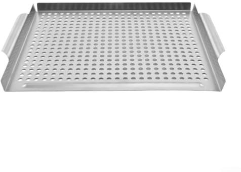 1 PCS Perforated Stainless Steel BBQ Grill Pan, Heavy Duty Baking Tray with Oil Drain Holes for Healthy Grilling, Nonstick Flat Sheet for Meat Veggies Seafood, Outdoor Camping Garden Party, Silver