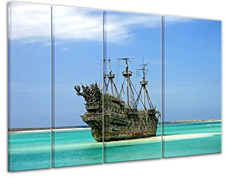 Keilrahmenbild Piratenschiff in der Karibik - 180x120 cm quer mehrteilig Keilrahmenbilder Bilder als Leinwanddruck Fotoleinwand Landschaften Geisterschiff - Schiffswrack auf einer Sandbank