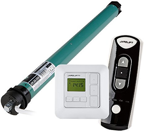 JULIUS MAYER Rollladenmotor JM35-100 Zugkraft 10Nm SW40 & jarolift Sevenlogic Comfort Funk Zeitschaltuhr & Funk-Handsender 4-Kanal TDRC 04