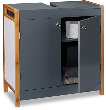 Relaxdays Waschbeckenunterschrank mit Bambusrahmen, verstellbarer Einlegeboden, Aussparung, HxBxT: 60 x 60 x 29 cm, grau