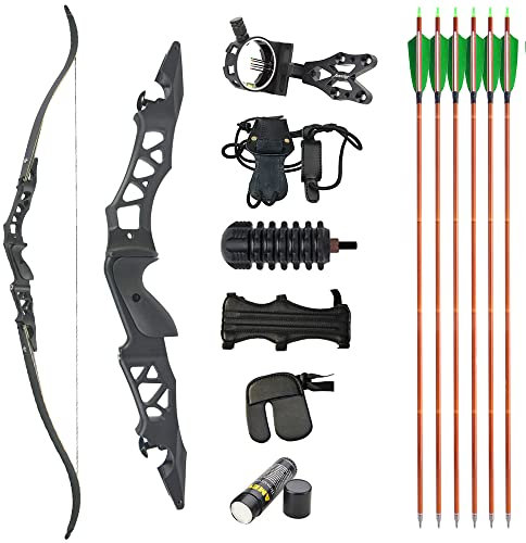 MILAEM 64 Bogenschießen Takedown Recurve Bogen und Carbonpfeil 30-50lbs ILF Metall Bogen Riser Langbogen Jagd Zielübung Erwachsener Bogen Rechtshänder (Schwarz, 40lbs)
