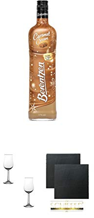 Berentzen Caramel Cream 17% 0,7 Liter + Nosing Gläser Kelchglas Bugatti mit Eichstrich 2cl und 4cl - 2 Stück + Schiefer Glasuntersetzer eckig ca. 9,5 cm Ø 2 Stück