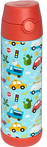 Snug Kids Flask - Stainless Steel Insulated Water Bottle with Straw for Children/Toddlers (Girls/Boys) - Cars, 500ml