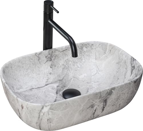 Rea Washbasin Countertop Ceramic Hand Wash Basin Attachment Washbasin Rectangular Stone Marble 33 x 46 cm Grey