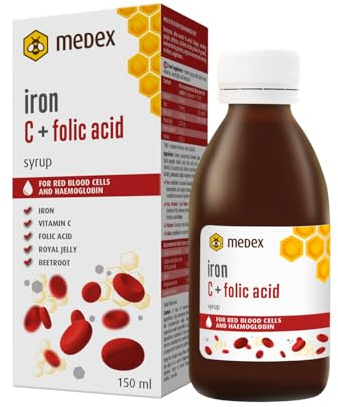 Medex Eisen C + Folsäure Sirup, 74% honigbasiert - 142 g Honig in der Flasche, ausgezeichneter Geschmack, Vitamin C, Folsäure, Gelée Royale, Propolis, Rote Bete Saft, 150 ml