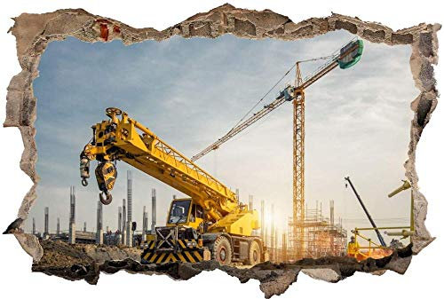 Wandtattoo Wandsticker Wandaufkleber 3D-Effekt Durchbruch Bau Kran Kranwagen Baustelle für Babyzimmer Kinderzimmer 70x110cm