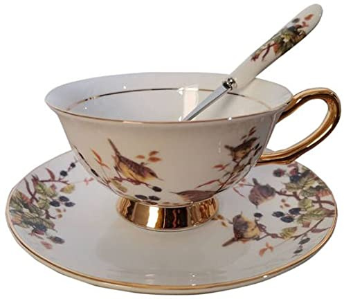 Eplze Bone China Cup& Saucer Set, 6.8oz- Birds& Trees (White)
