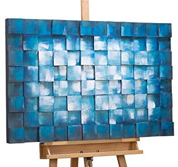 KunstLoft Wanddeko Holz rustikal | 100% HANDGEFERTIGT | 90x60x5cm | Holzbild 'Reflektion des Meeres' | Geometrische Kunst | Blau Weiß | Wandbild Holz